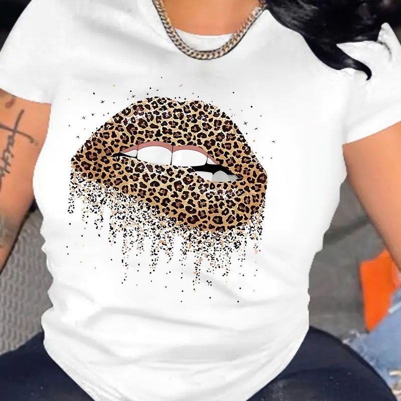 Women Fashion Leopard Lips Afro Print Round Neck Short Sleeve T-Shirt