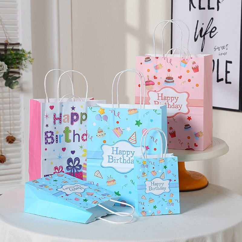 Fashion Happy Birthday Creative Cartoon Pattern Kraft Paper Handle Package Storage Bag