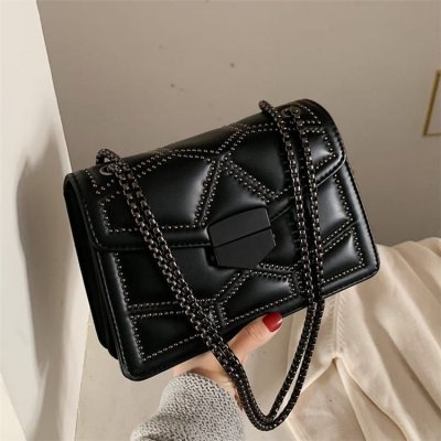 Women Fashion Metal Chain Rivet Decor Crossbody Square Bag