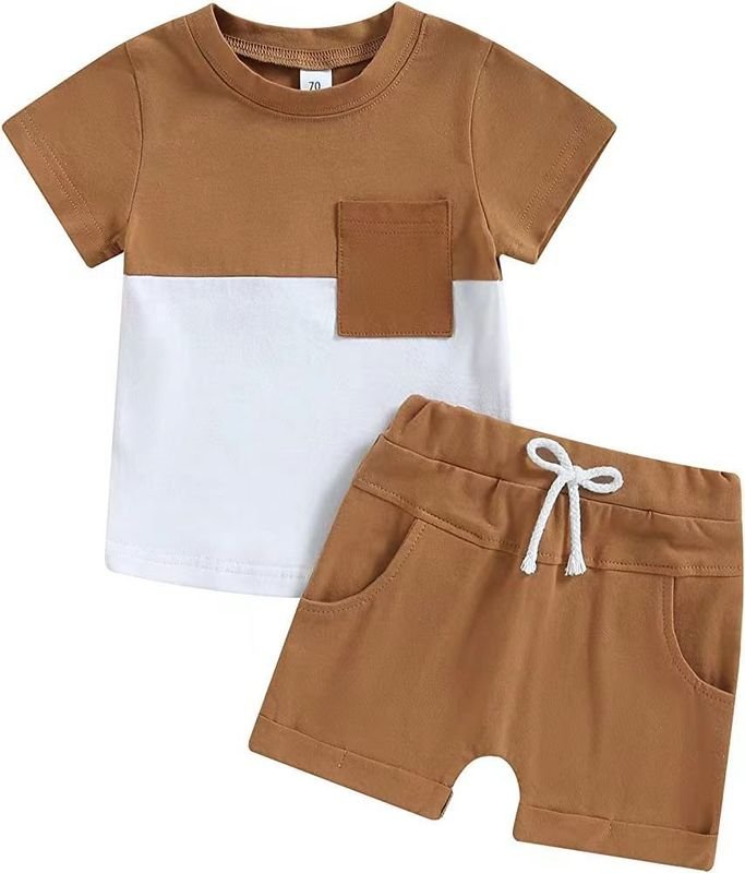 Toddlers Newborn Baby Fashion Boys Casual Basic Short Sleeve Color Blocking T-Shirt And Shorts 2pcs Set