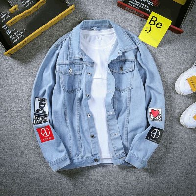 Men Fashion Casual Hip Hop Street Tide Long Sleeve Lapel Denim Jacket