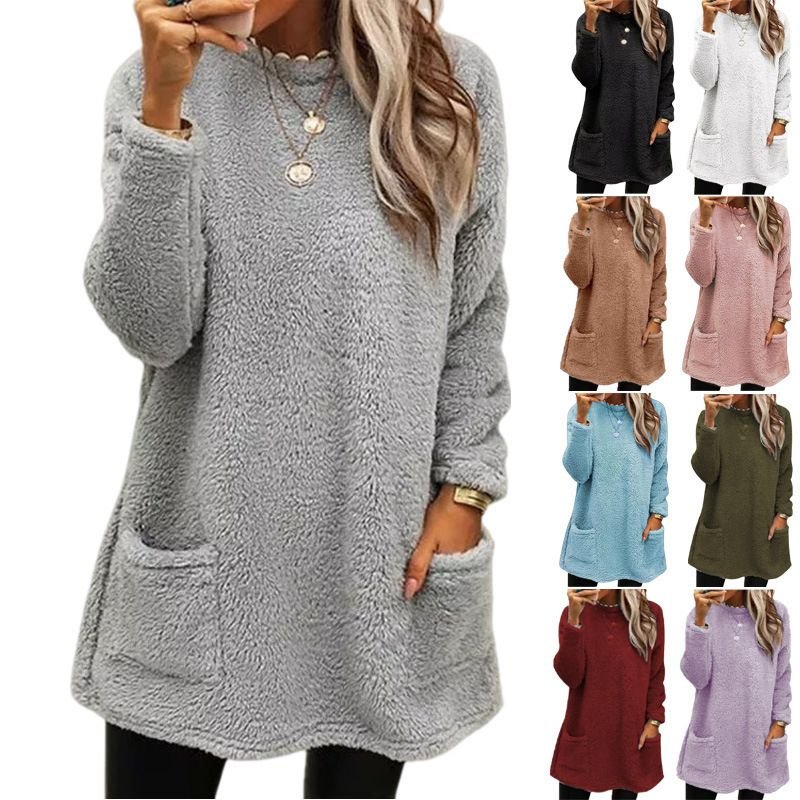 Autumn Winter Women Loose Solid Color Plush Long Sleeve Sweatshirt