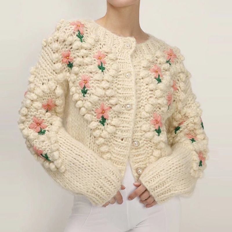 Autumn Winter Women Fashion Handmade Chook Embroidered Twist Pearl Buckle Knitted Sweater Cardigan Jacket