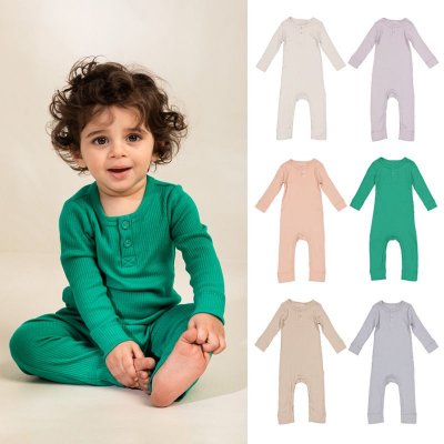 Kids Baby Boys Girls Casual Cute Solid Color Rib-Knit Long Sleeve Romper