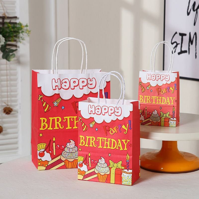 Fashion Happy Birthday Creative Cartoon Pattern Kraft Paper Handle Package Storage Bag