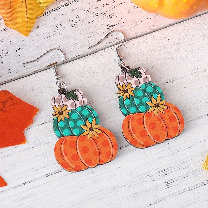 Thanksgiving Women Cartoon Plaid Pumpkin Floral Wooden Double-Sided Earrings