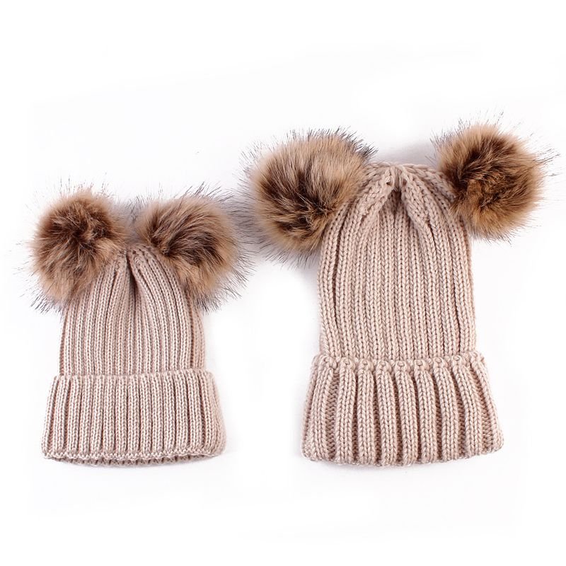 Autumn Winter Fashion Simple Warm Plush Ball Knitted Parent-Child Wool Hat Set