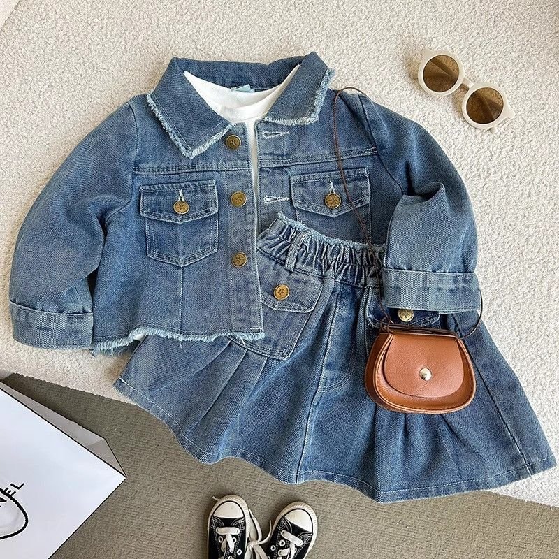 Kids Toddler Girls Fashion Casual Long Sleeve Lapel Denim Jacket Skirt Set