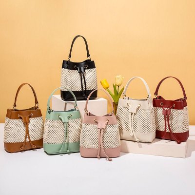 Simple Fashion Stitching Straw Bucket Handbag