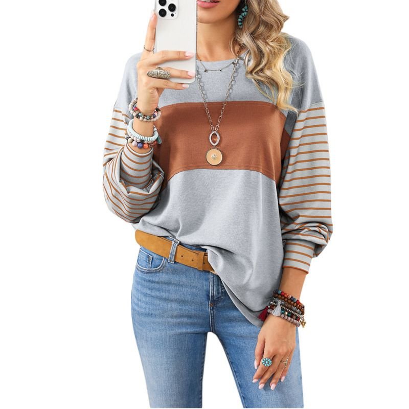 Women Fashion Casual Stripe Print Crewneck Long Sleeve Sweatshirt