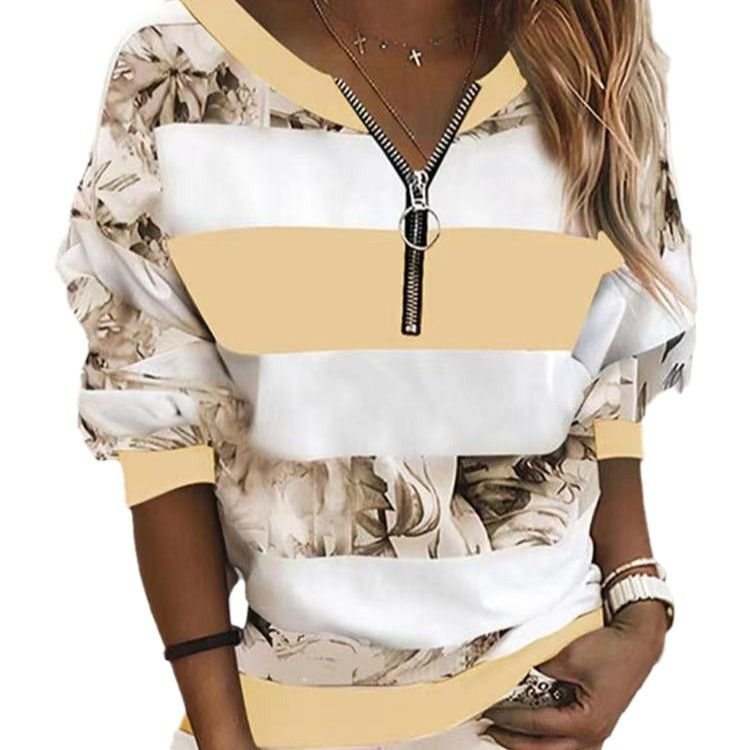 Women Floral Print Zipper V-Neck Loose Casual Sweatshirt