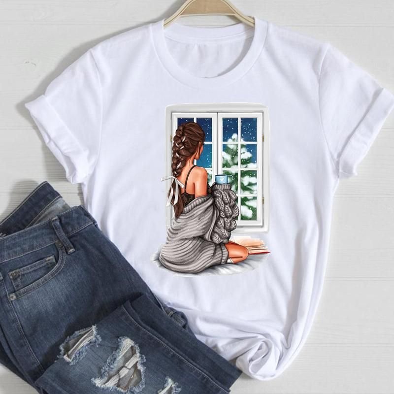 Happy Christmas Crewneck Letter Short-Sleeved Women Loose T-Shirt