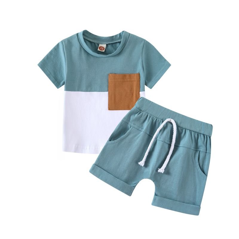 Toddlers Newborn Baby Fashion Boys Casual Basic Short Sleeve Color Blocking T-Shirt And Shorts 2pcs Set