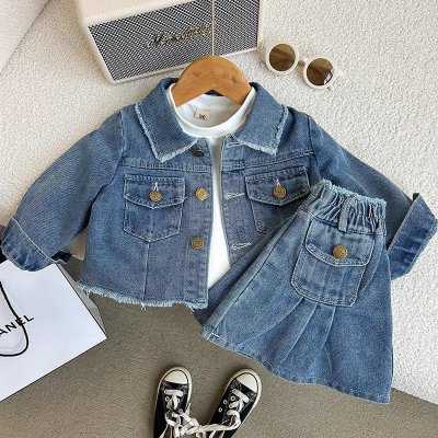 Kids Toddler Girls Fashion Casual Long Sleeve Lapel Denim Jacket Skirt Set