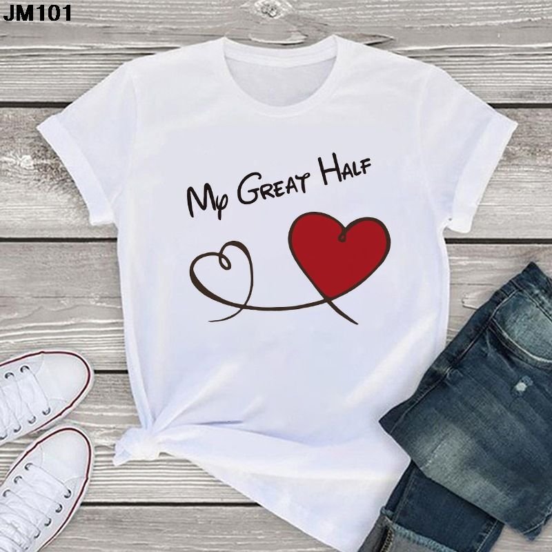 Women Spring And Summer Pink Heart Pattern Retro White Cartoon Short-Sleeved T-Shirt