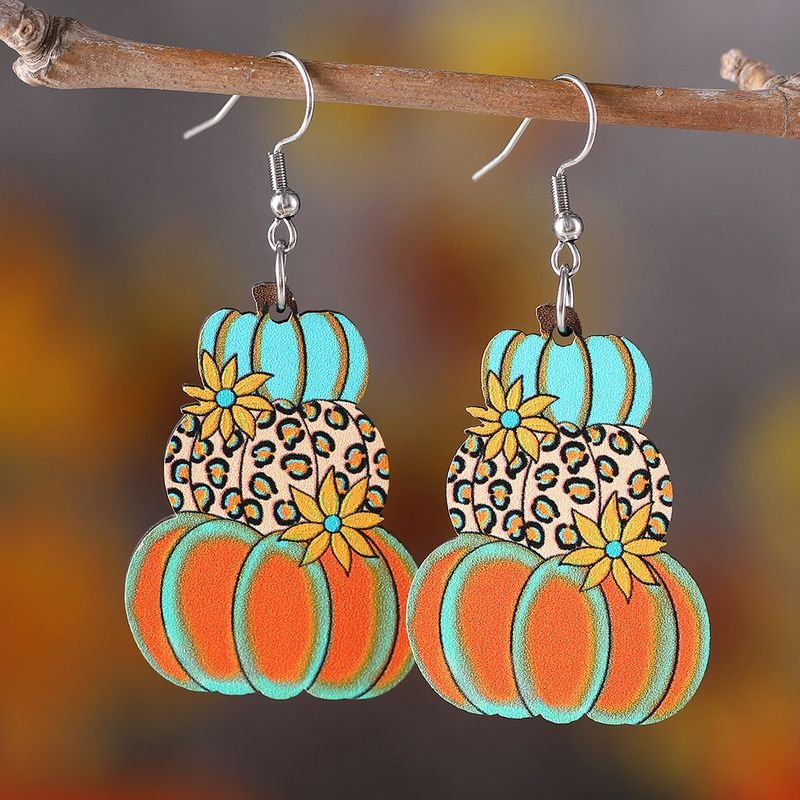 Thanksgiving Women Cartoon Plaid Pumpkin Floral Wooden Double-Sided Earrings