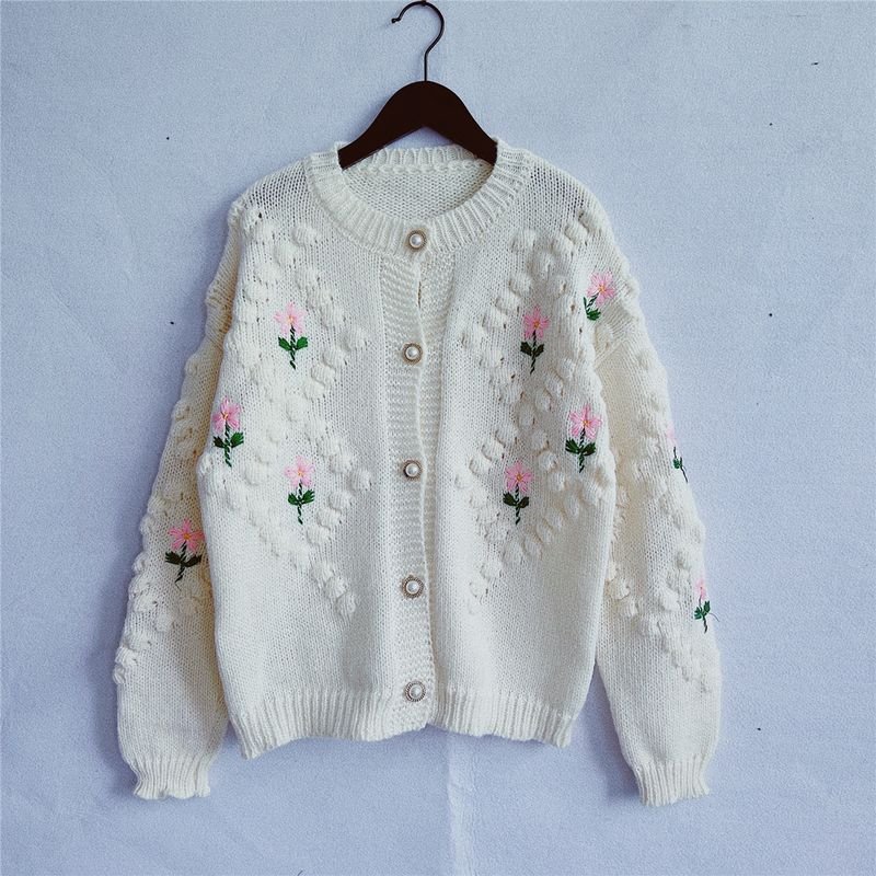 Autumn Winter Women Fashion Handmade Chook Embroidered Twist Pearl Buckle Knitted Sweater Cardigan Jacket