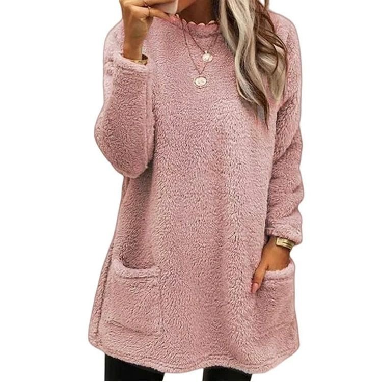 Autumn Winter Women Loose Solid Color Plush Long Sleeve Sweatshirt