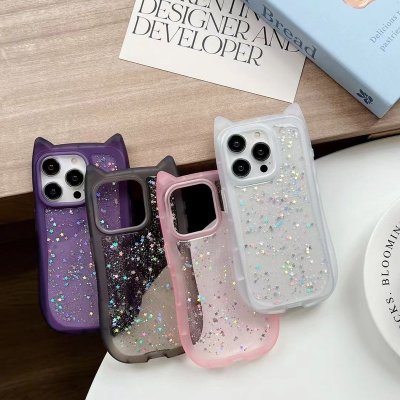 Women Fashion Cartoon Cat Ear Dropping Glue Transparent Apple Phone Protective Case