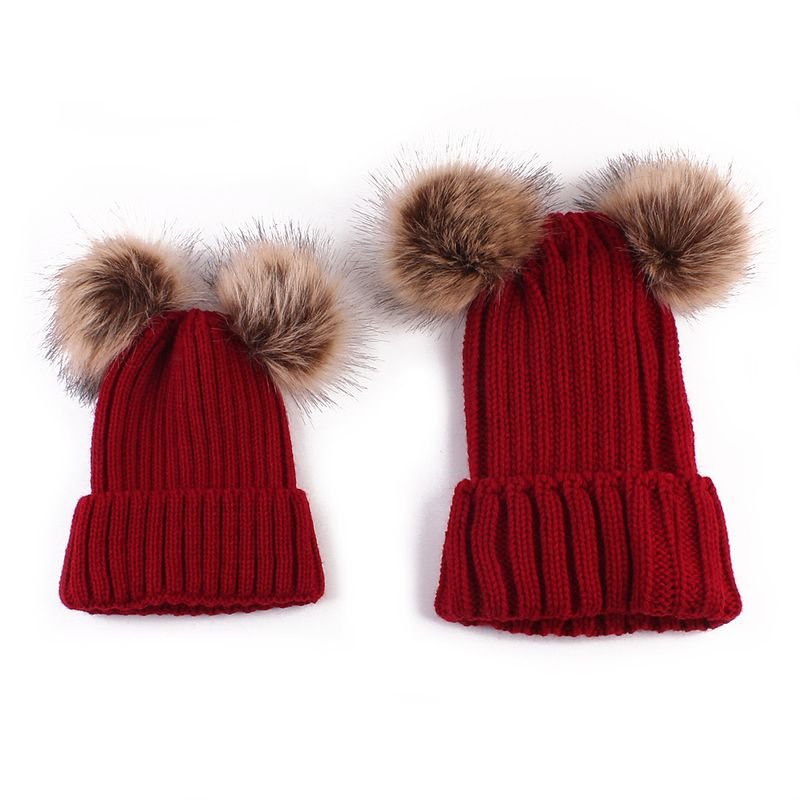 Autumn Winter Fashion Simple Warm Plush Ball Knitted Parent-Child Wool Hat Set