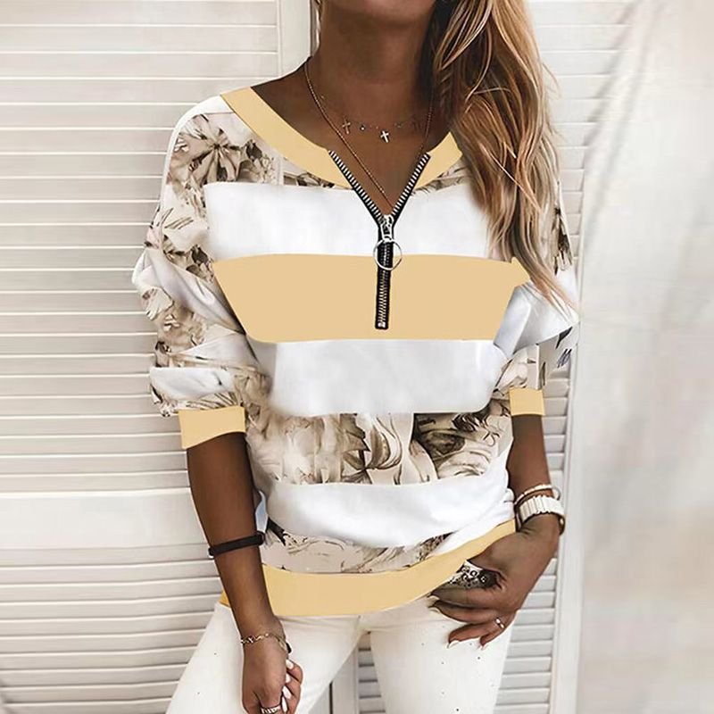 Women Floral Print Zipper V-Neck Loose Casual Sweatshirt