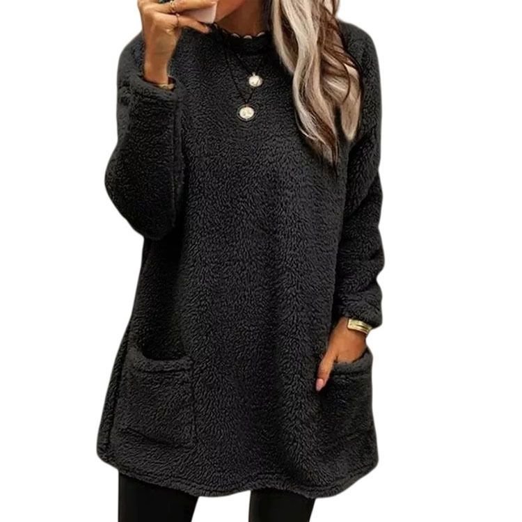 Autumn Winter Women Loose Solid Color Plush Long Sleeve Sweatshirt