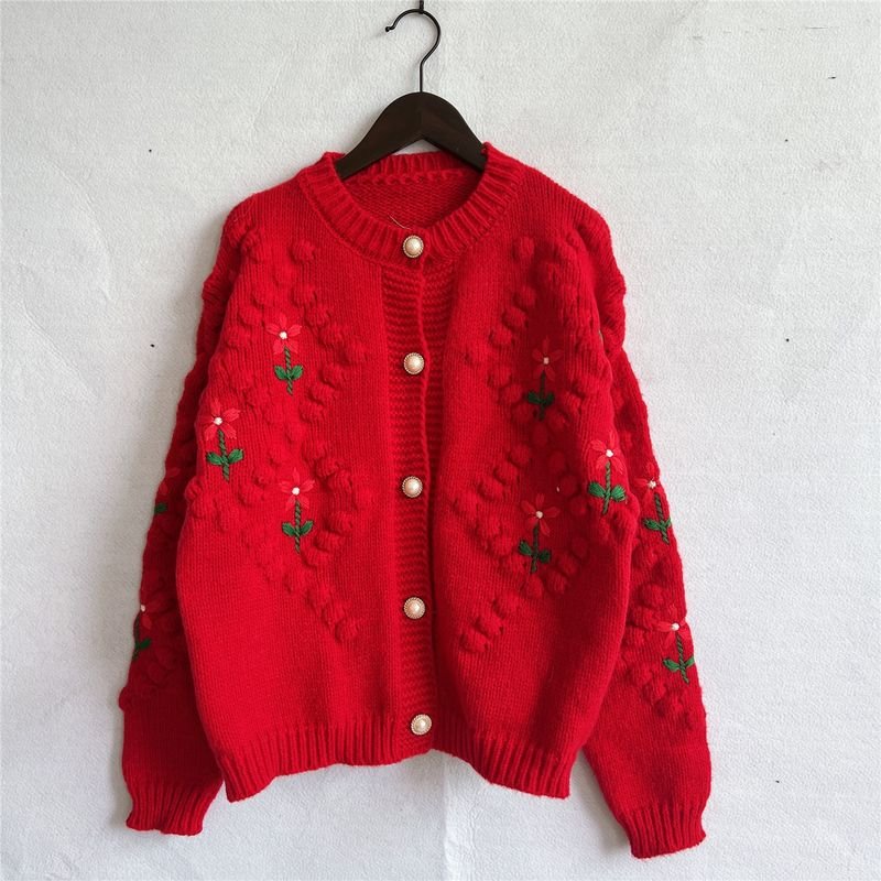 Autumn Winter Women Fashion Handmade Chook Embroidered Twist Pearl Buckle Knitted Sweater Cardigan Jacket