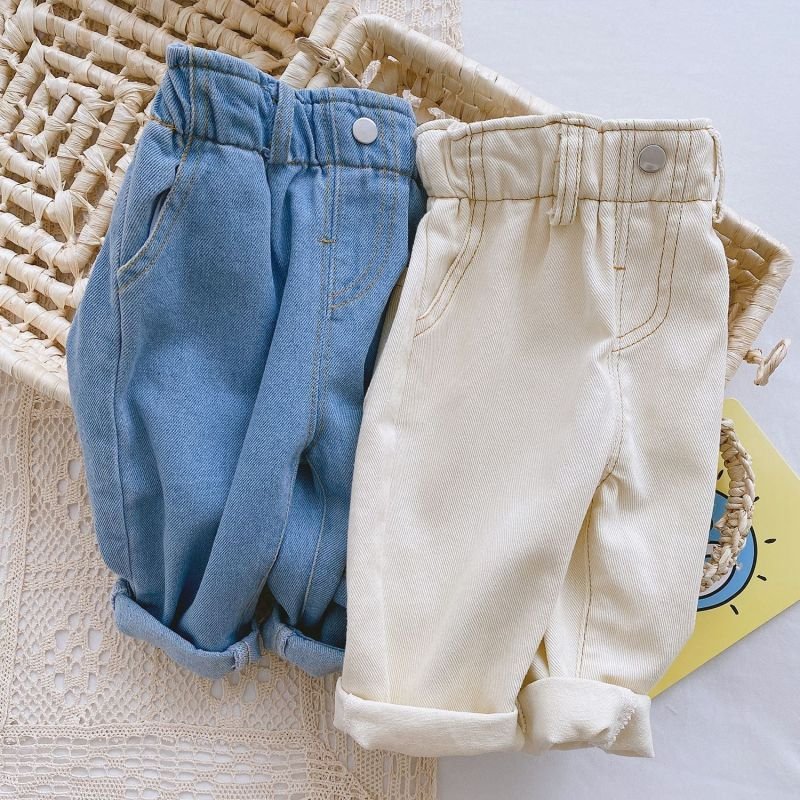 Baby Simple Solid Color Casual High Waist Denim Pants