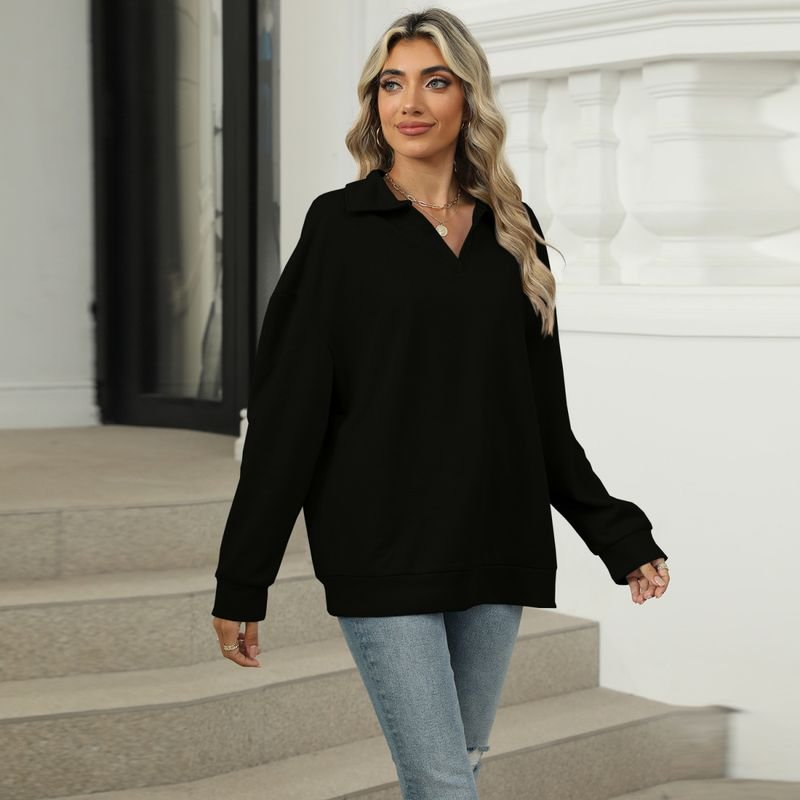 Women Fashion Casual Solid Color V-Neck Long Sleeve Sweatshirt