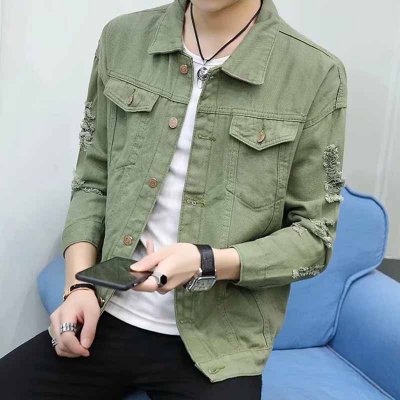 Men Fashion Casual Solid Color Ripped Slim-Fit Long Sleeve Lapel Denim Jacket