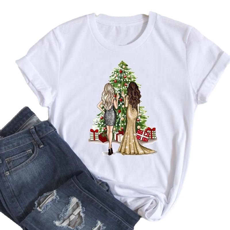 Happy Christmas Crewneck Letter Short-Sleeved Women Loose T-Shirt