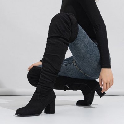 Women Vintage Plus-Size Creased Suede Chunky Heel Over The Knee Boots