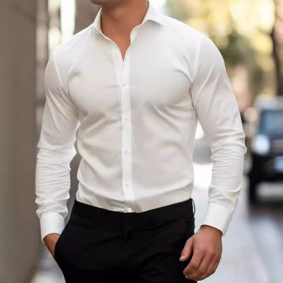 Men Fashion Casual Business Basic Solid Color Plus Size Long Sleeve Lapel Shirt