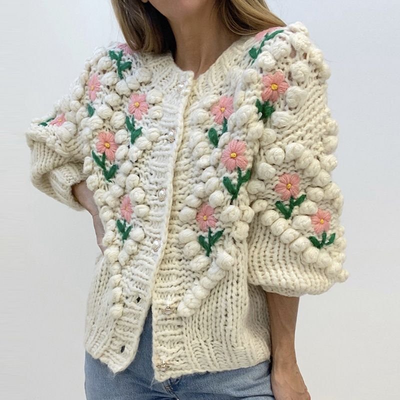 Autumn Winter Women Fashion Handmade Chook Embroidered Twist Pearl Buckle Knitted Sweater Cardigan Jacket