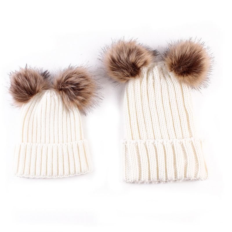 Autumn Winter Fashion Simple Warm Plush Ball Knitted Parent-Child Wool Hat Set