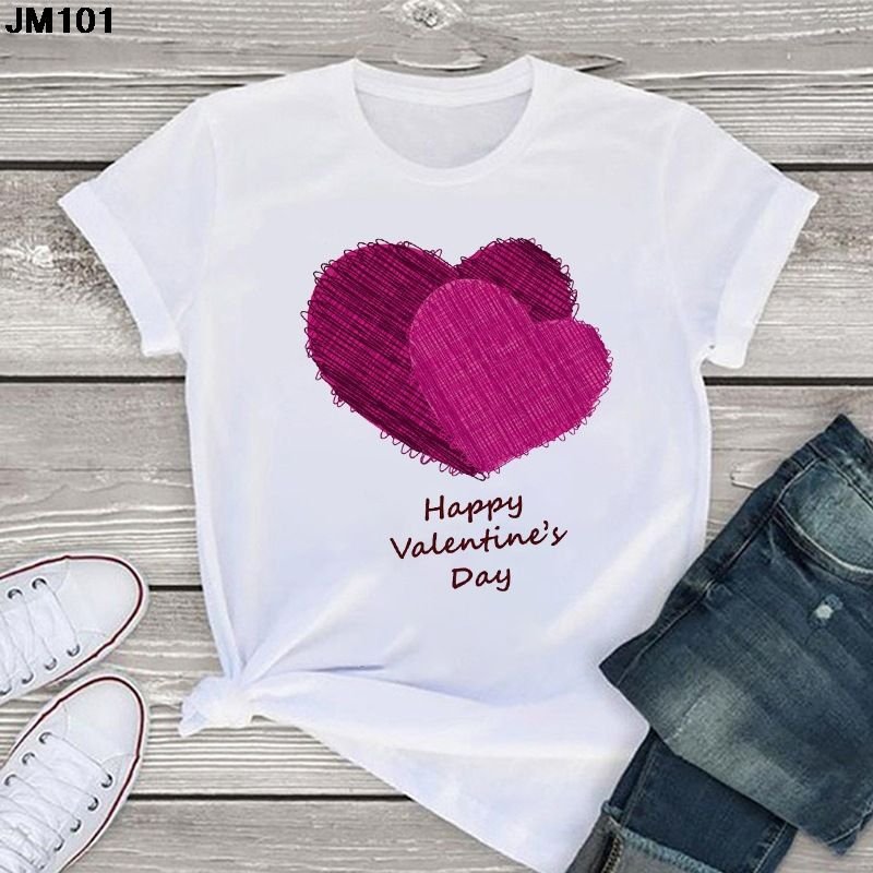 Women Spring And Summer Pink Heart Pattern Retro White Cartoon Short-Sleeved T-Shirt