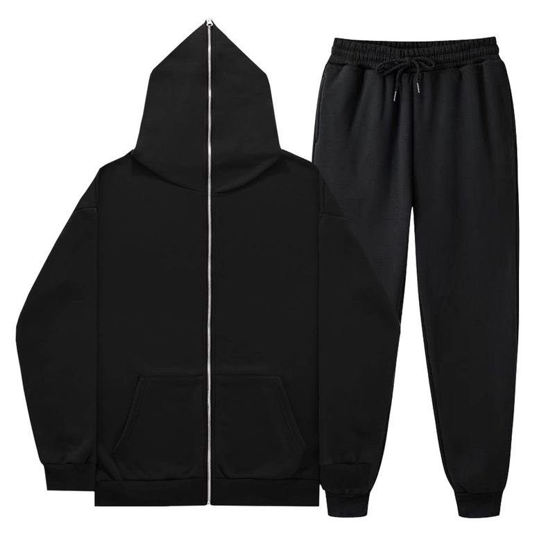 Men Autumn Winter Casual Sports Commuter Full Zipper Solid Color Long Sleeve Hoodies Trousers Sets