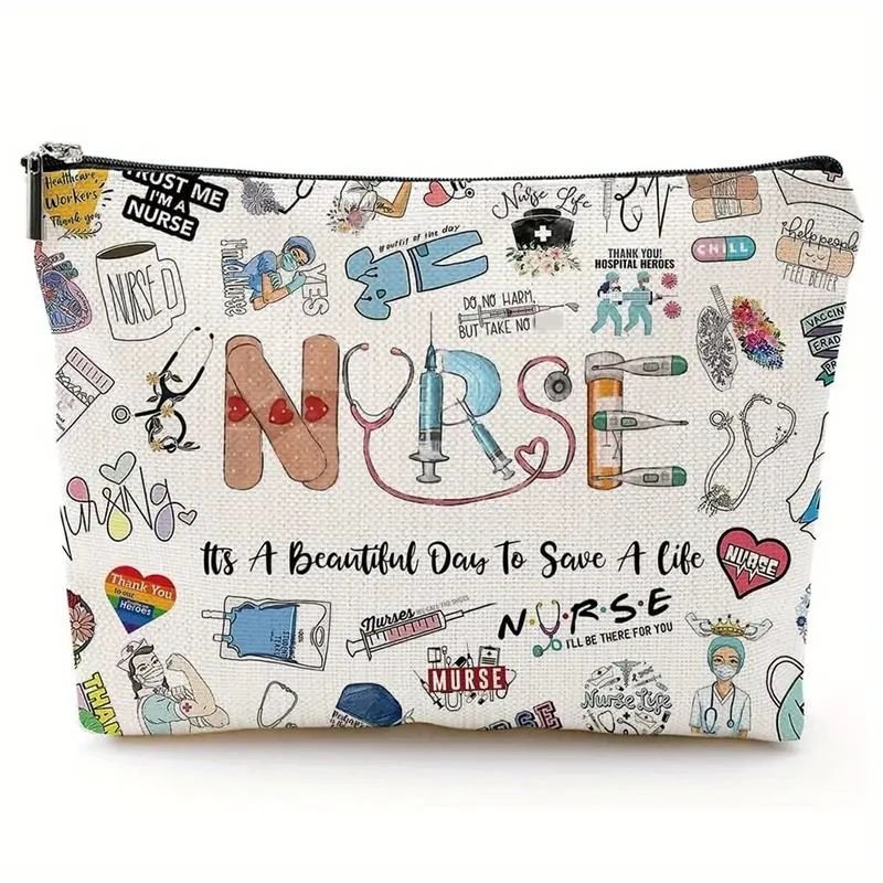 Women Fashion Linen Nurse Printed Zipper Storage Cosmetic Bag