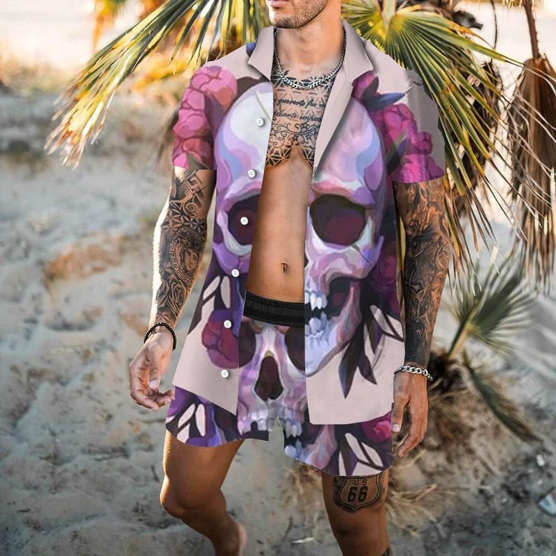 Men Casual Holiday Hawaii Tiny Flower Skull Print Plus Size Short Sleeve Lapel Shirt Shorts Set
