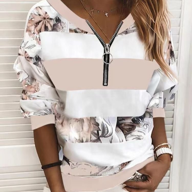 Women Floral Print Zipper V-Neck Loose Casual Sweatshirt