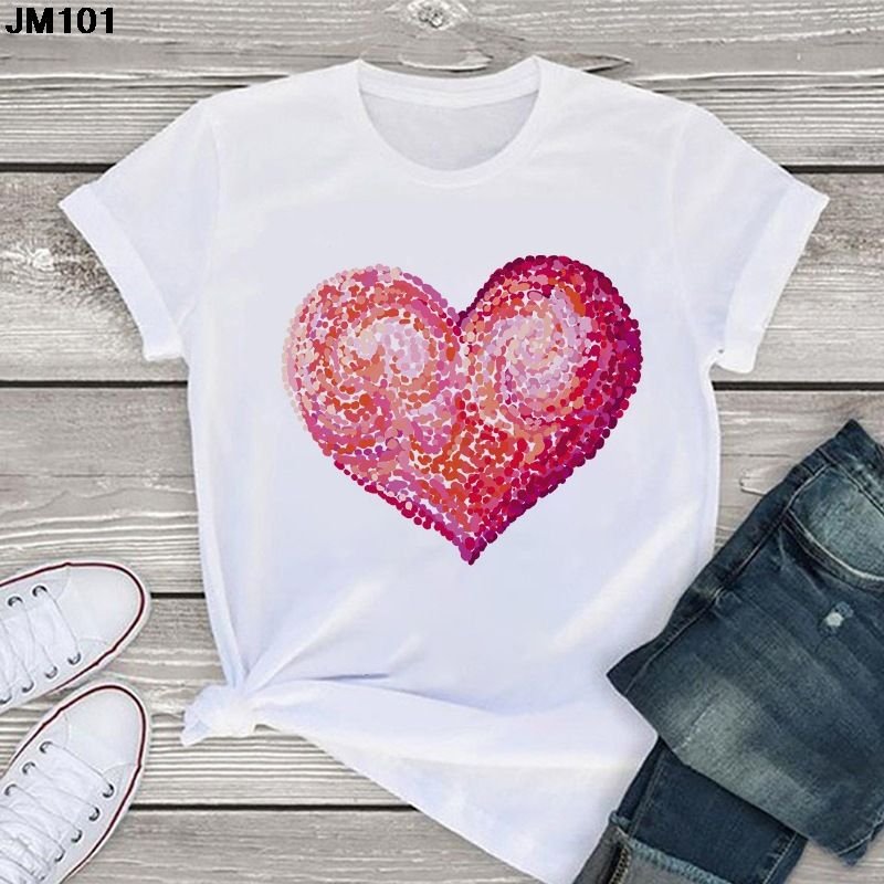 Women Spring And Summer Pink Heart Pattern Retro White Cartoon Short-Sleeved T-Shirt