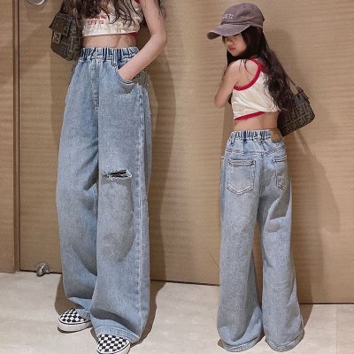 Kids Toddler Girls Fashion Shredded Wide Leg Pants Loose High Waist Jeans