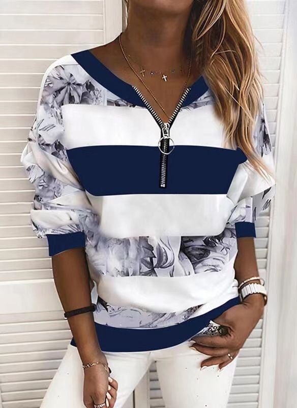 Women Floral Print Zipper V-Neck Loose Casual Sweatshirt