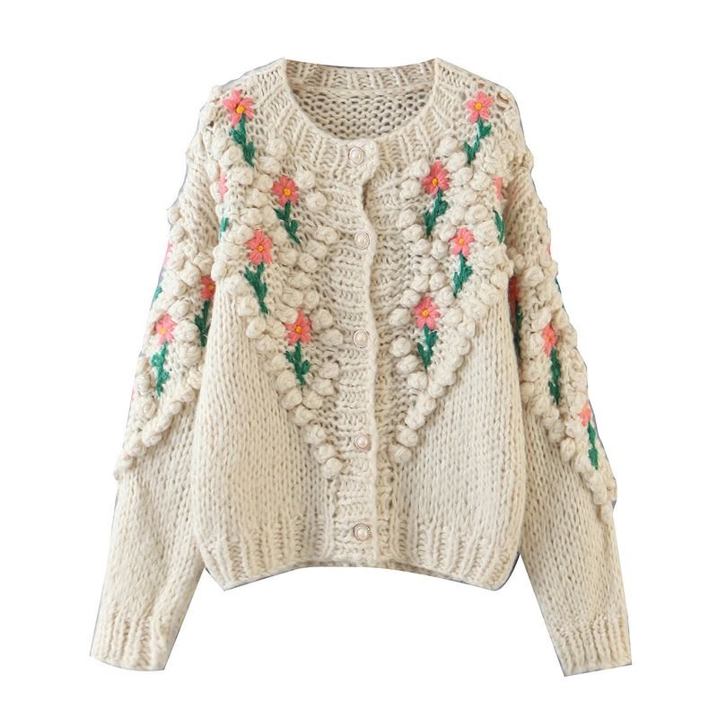 Autumn Winter Women Fashion Handmade Chook Embroidered Twist Pearl Buckle Knitted Sweater Cardigan Jacket