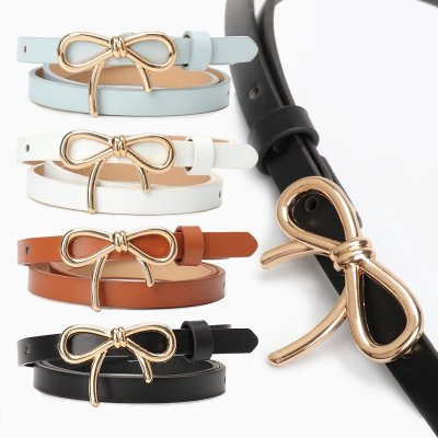 Women Simple Sweet Alloy Bow Buckle PU Belt