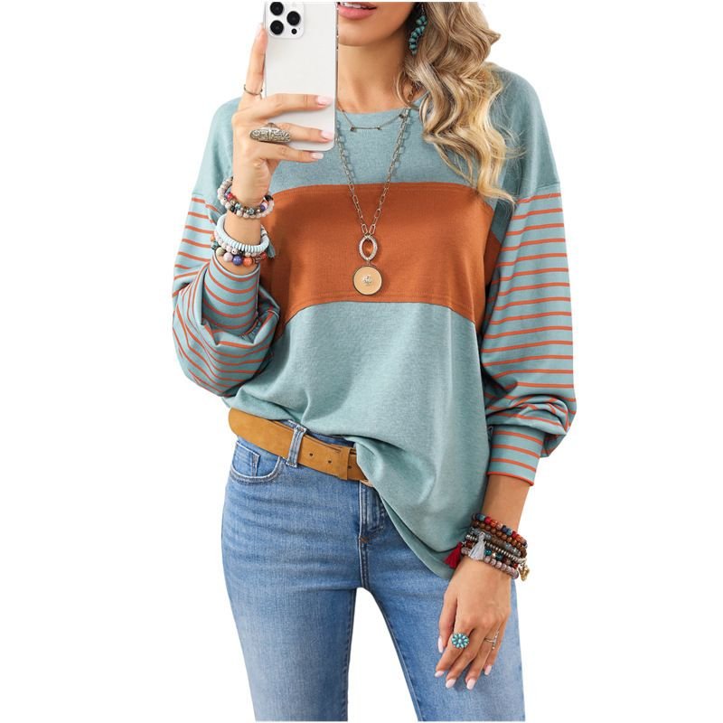 Women Fashion Casual Stripe Print Crewneck Long Sleeve Sweatshirt