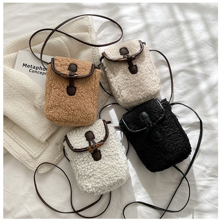 Autumn Winter Women Fashion Cute Lamb Plush Crossbody Phone Bag