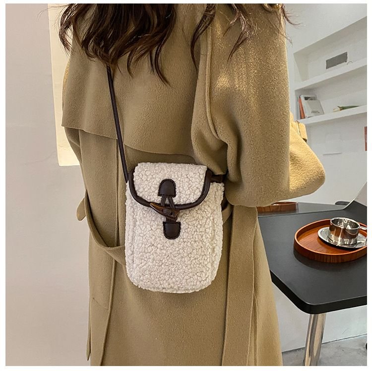 Autumn Winter Women Fashion Cute Lamb Plush Crossbody Phone Bag