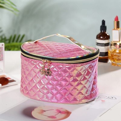 Women Fashion Multicolor Rhombus Stitching Zipper Cosmetic Bag