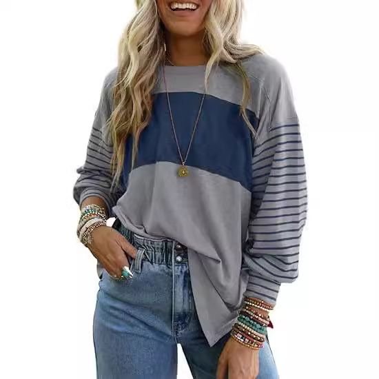 Women Fashion Casual Stripe Print Crewneck Long Sleeve Sweatshirt